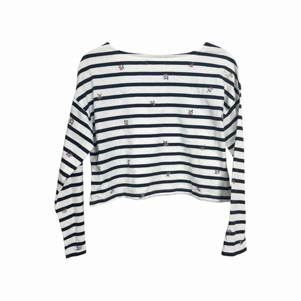 Madewell Sz S Navy Blue White Striped Cropped Top Cross Stitch Long Sleeve NWT - Image 7