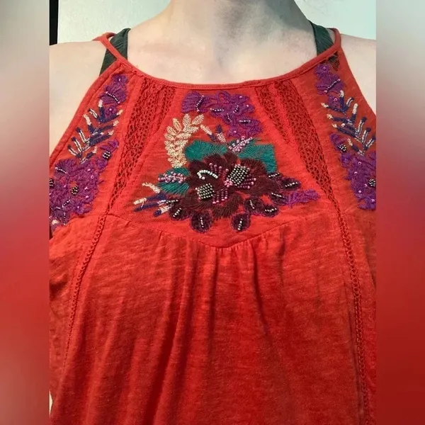 Free People Red Cold Shoulder Tunic Top High Low Hem Size Small Boho Flow Top - Image 3