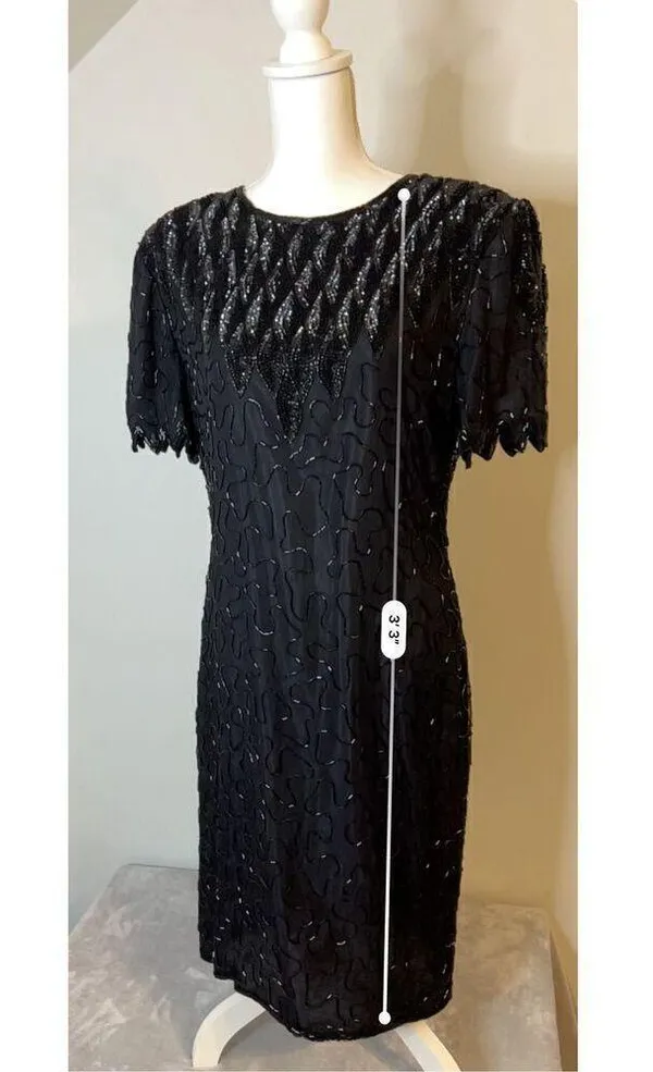 100% Silk Vintage Women’s Black Beaded Open Back MIDI Dress LARGE - Image 4