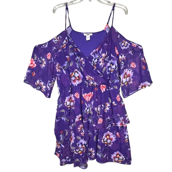 Bar III Dress Women's XL Purple Floral Cold Shoulder Ruffle Fit & Flare Sundress - Image 12