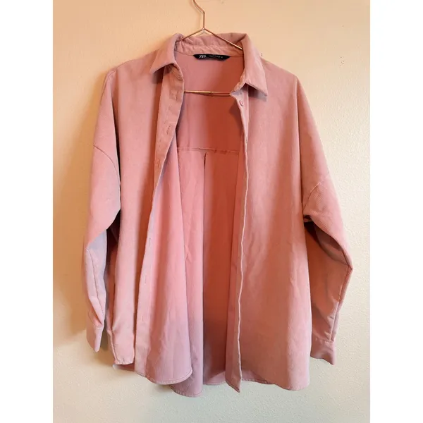 Zara‎ Corduroy Shirt Women Medium Pink Oversized Shacket Button Down Long Sleeve - Image 4