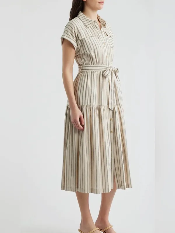 NWT Zoe and Claire Button-Front Maxi Dress with Waist Tie - Neutral Stripe XS - Image 3