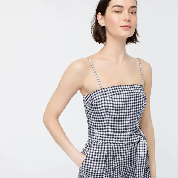 NWT J.Crew Tie-waist Linen Jumpsuit in Navy White Gingham Belted 1-Piece 4 - Image 2