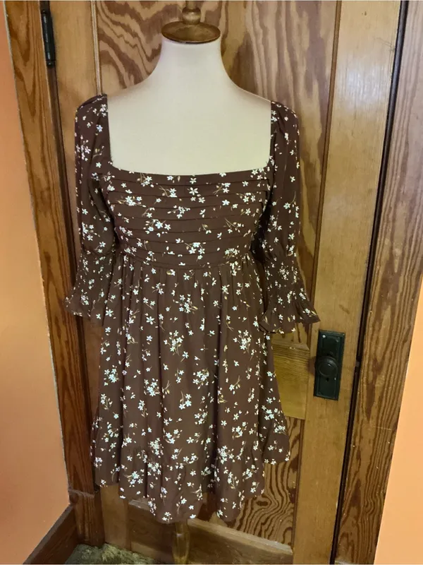 Blue Rain Floral Babydoll Mini Dress Medium Cottagecore Brown Sheer Sleeve - Image 5