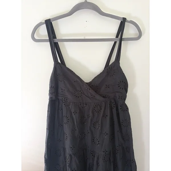 Zara Black Cotton Eyelet Embroidery Tiered Midi Dress Small Smocked Back Strappy - Image 9