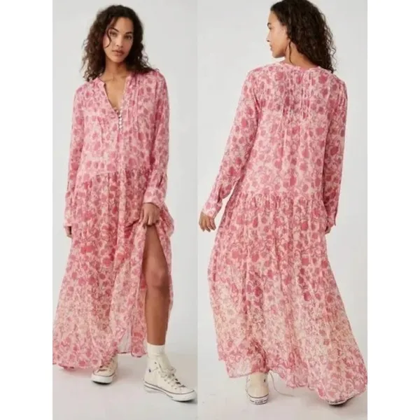 Free People Dainty Ethereal See It Through Maxi Dress Pink Rose Floral Medium - Image 9