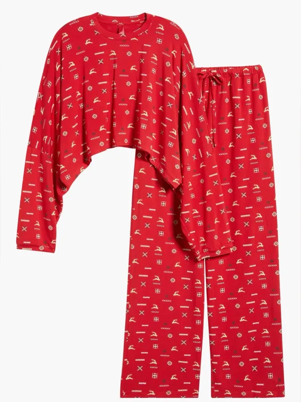 NWT SKIMS Soft Modal Blend Pajama Set Cranberry Vintage Deer Print - Image 5