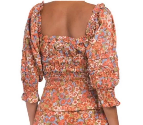 NWT House of Harlow 1960 puff sleeve floral smocked top charisma orange top sz M - Image 2