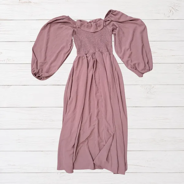 Joyfolie Boho Odette Dress Mauve High Low Maxi Smocked Ruffle Off Shoulder L - Image 3