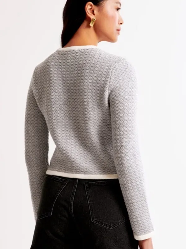 Abercrombie & Fitch Light Blue Textured Crewneck Cardigan with Cream Trim - Image 3
