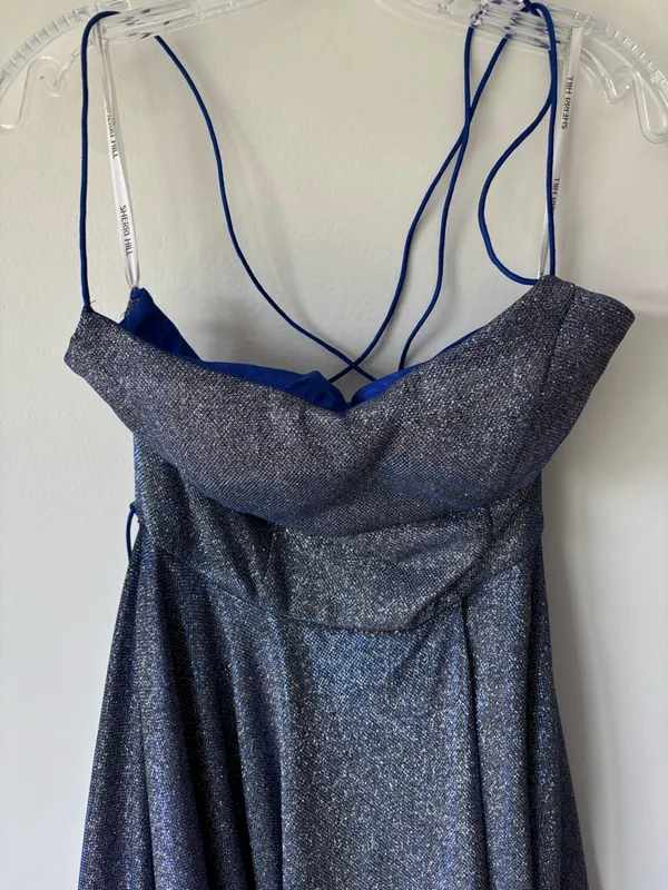 Sherri Hill Formal Royal Blue Silver Glitter Gown Criss Cross Back Prom Gala - Image 6