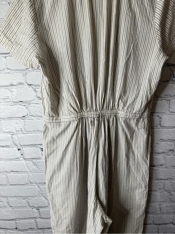 Madewell Cream and Navy Striped Button-Up jumpsuit wide leg size large - Image 7