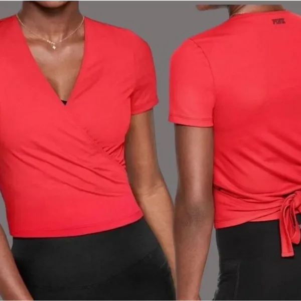 PINK Victoria's Secret Vivid Red Short Sleeve Wrap Top - Image 9