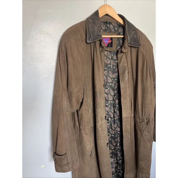 Vintage Verducci Ital Brown Leather Suede Trench Coat With Slit In Back SZ Small - Image 3