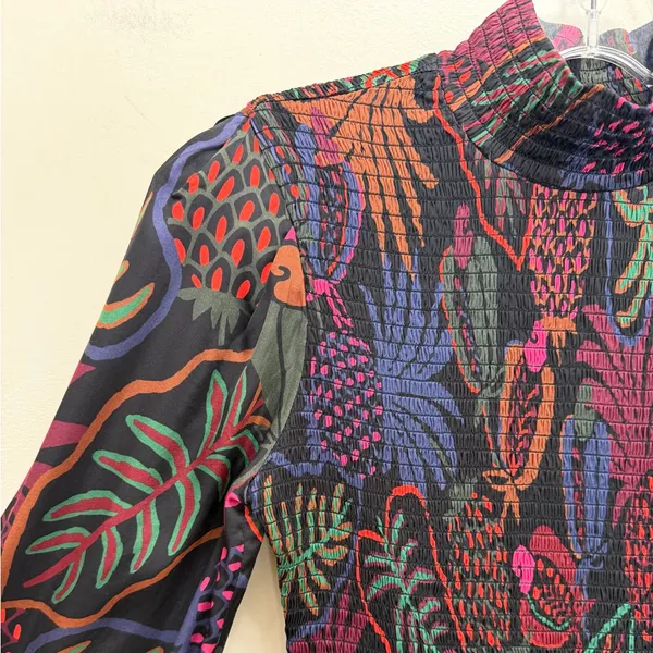 FARM Rio Frutis Dress Smocked Long Blouson Sleeve Drop Waist Multi Color Size XS - Image 6