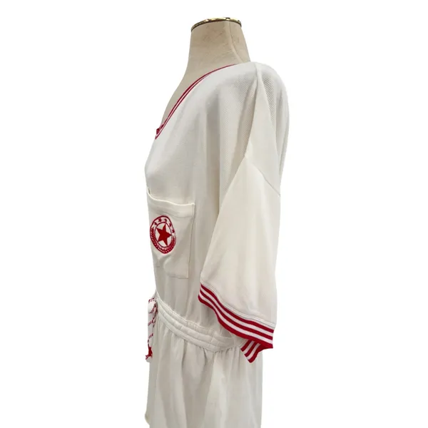 Anthropologie Waffle Knit Romper Varsity Stripe Deep V‎ Back White Red Large - Image 8