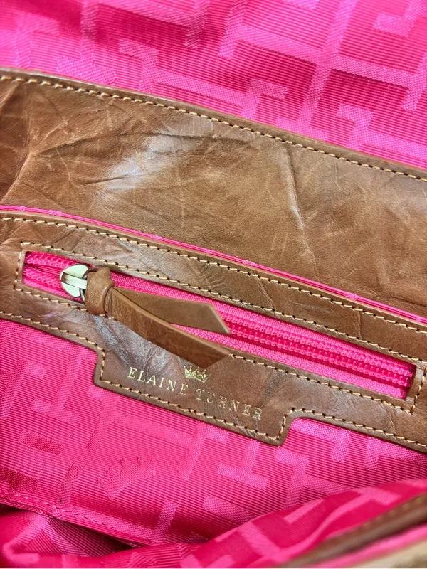 Elaine Turner Tan Brown Leather Clutch with Bamboo Accent - Image 3