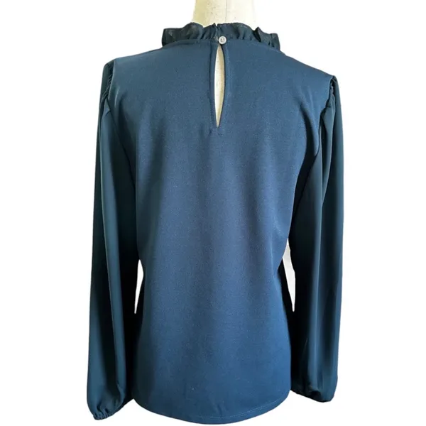 Ann Taylor Women Small Dark Teal Ruffle Neck Puff Long Sleeve Blouse Top | 0143 - Image 2