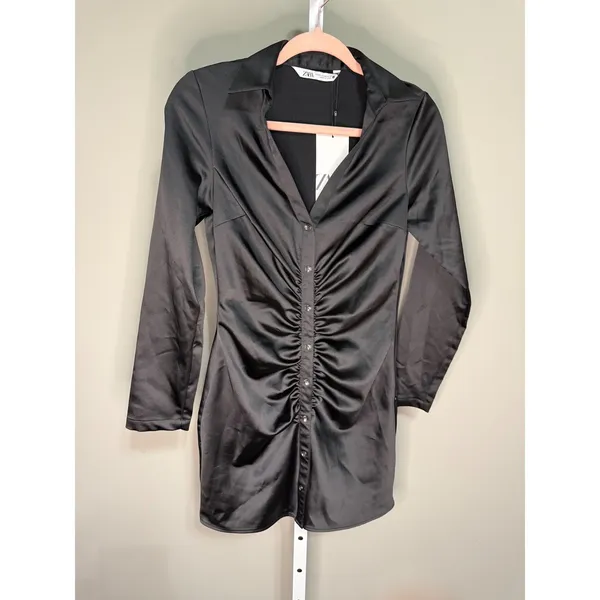 NWT Zara Black Ruched Button Front Shirt Dress Mini XS‎ Quiet Luxury Night Out - Image 2