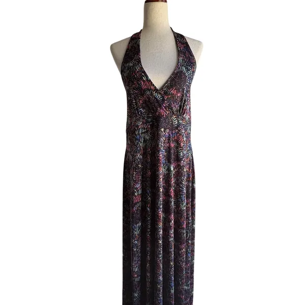 Black Multicolor Halter Maxi Dress with Abstract Burst Print - Image 4