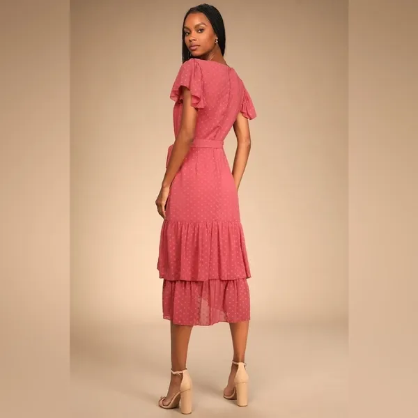 Lulus Have Harmony Swiss Dot Ruffled Faux Wrap Midi Dress in Mauve Size Medium‎ - Image 3