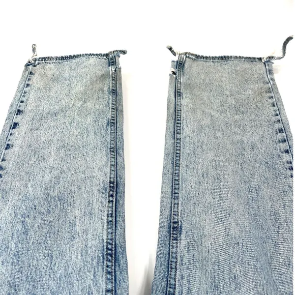 White Fox Small Blue Acid Wash Crossover Waist Straight Leg Jeans STAINED - Image 3