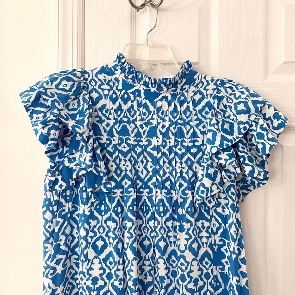 Tuckernuck Hyacinth House Blue White Simmons Ruffle Sleeve High Neck Mini Dress - Image 3