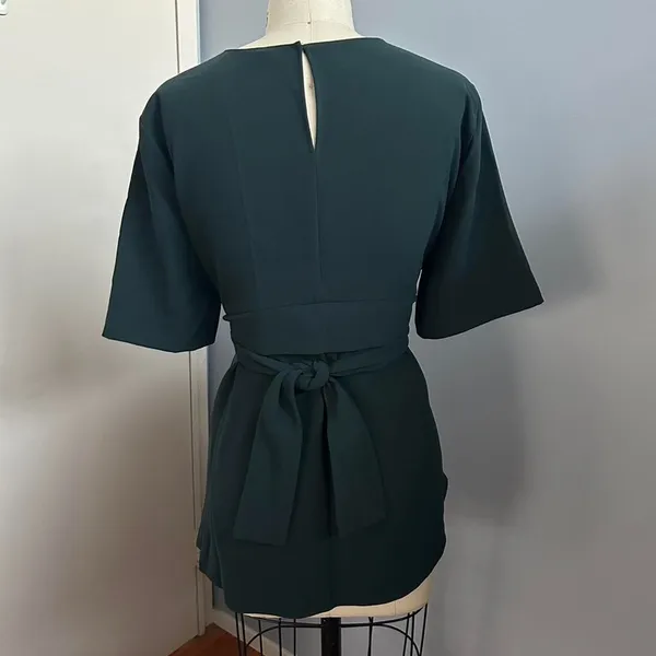 Zara dark green asymmetrical hem tie belted short sleeve blouse - Image 3
