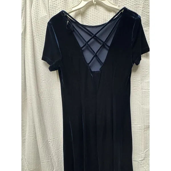 Vintage Caren Desiree Co. Deep‎ Navy Blue Velvet Maxi Dress Size 10 Fitted Flair - Image 12