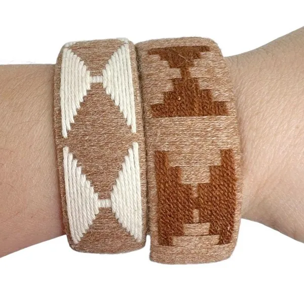 Brown & White Yarn Wrapped Aztec Native Pattern Cuff Bracelets - Image 3