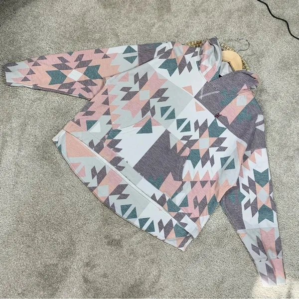Hooey Women’s Roomy Burgundy Grey Hoodie Sweatshirt Longsleeve Aztec Print S - Image 4