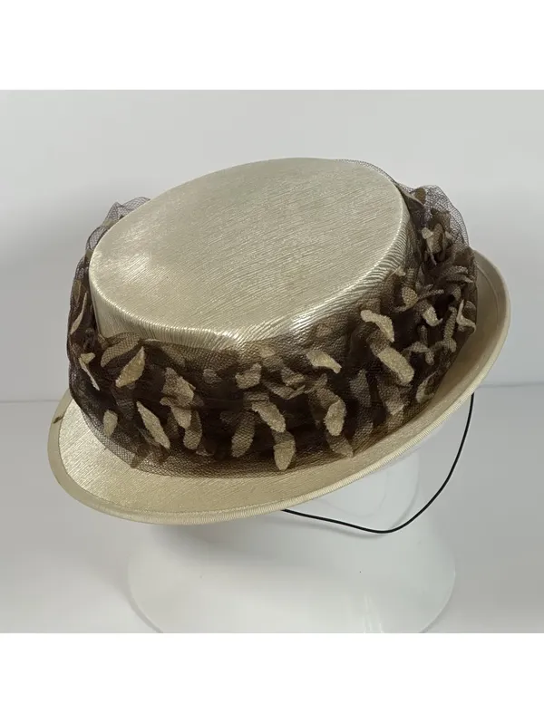 Vintage Ladies' Ivory Satin Hat with Brown Leaf Detail - Image 2