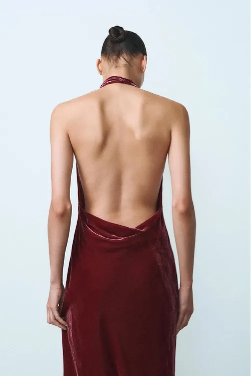 Zara maxi holiday dress velour Velvet Halter in Burgundy wedding party evening - Image 16