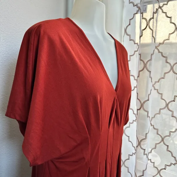 ZARA Rust Red V-Neck Maxi Dress With Pleated Front Detail & Short Sleeves - Image 6