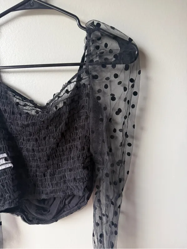 NWT RED Fashion Made in Italy Black Sheer Polka Dot Ruched Top - Image 8