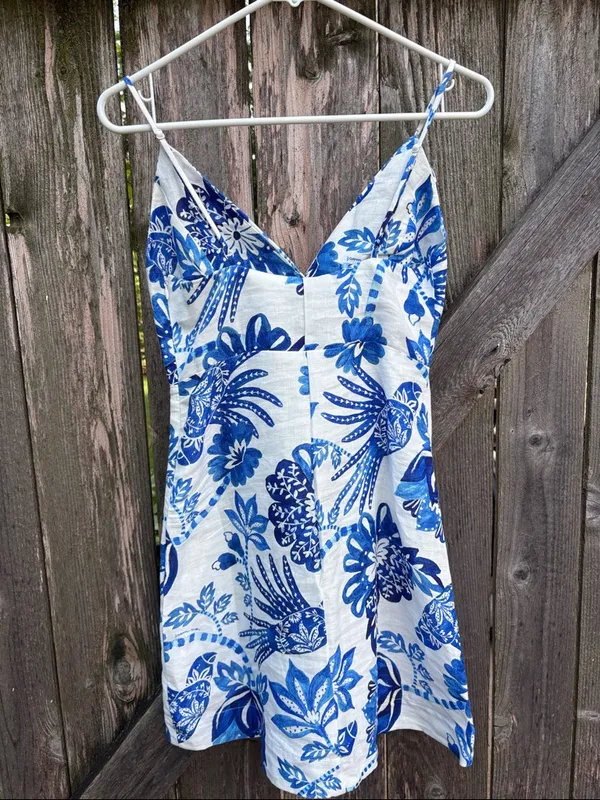 NWT FARM Rio Linen Faux Wrap Floral Birds Dress White Blue Size XS Retail $185 - Image 13
