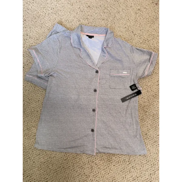 Tahari NWT‎ Notch Collar Short Pajama Set Gray Pink Stripe Large - Image 2