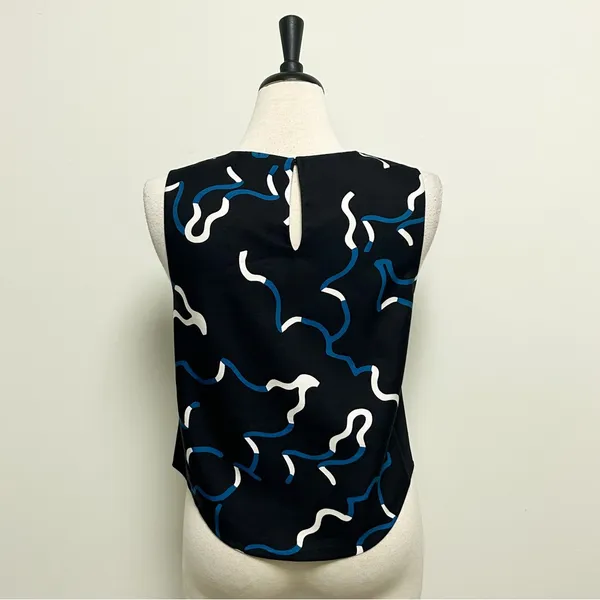 Diane Von Furstenberg Black Blue Ivory Sleeveless Scottie Wool Silk Top Medium - Image 4