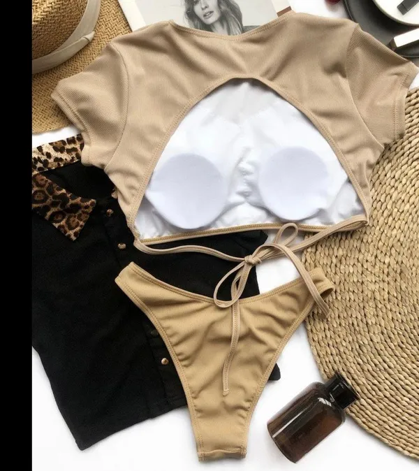 Ribbed t shirt tie back bikini set tan Size L - Image 3