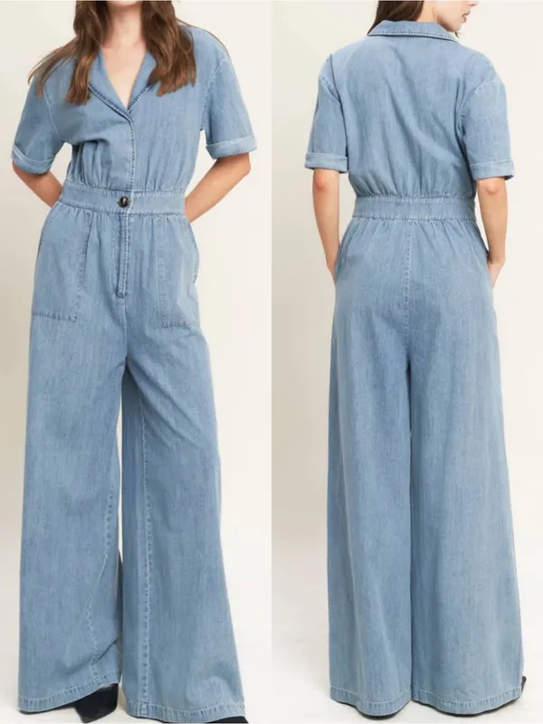 Vici Quiet Luxury Lightweight Chambray Denim Jumpsuit Coveralls Boiler Suit Blue - Image 6