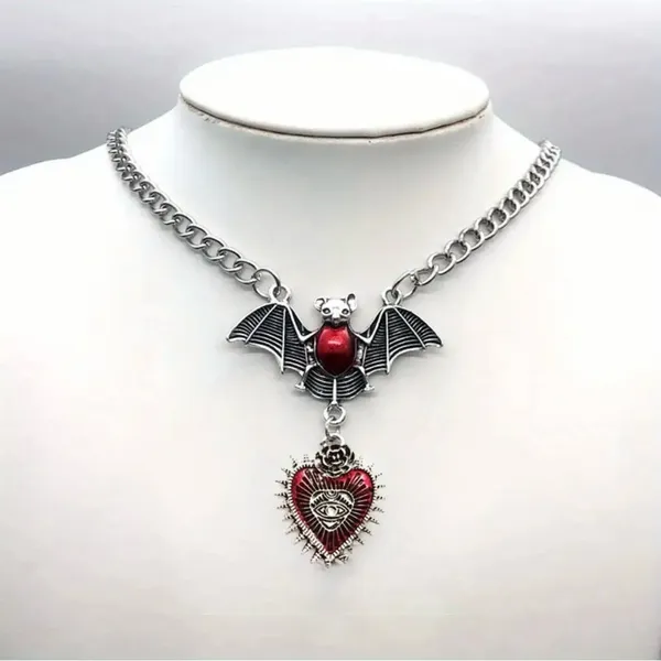 Gothic Red Bat Devil Eye Heart Pendant Silver Plated‎ Necklace Fashion Jewelry - Image 6