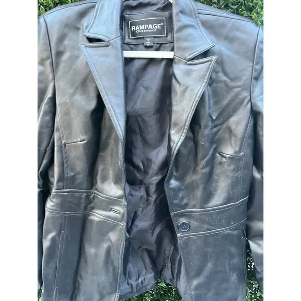 Vintage Rampage 90s Black Faux Leather Blazer Jacket Single‎ Button Medium - Image 4