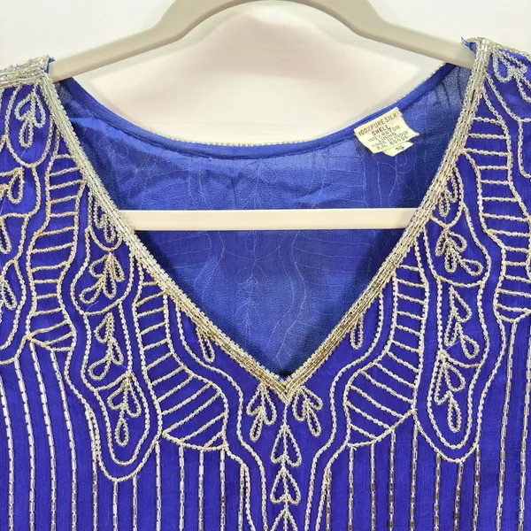 Vintage Royal Blue‎ Silk Beaded Blouse Silver Bugle Bead Scalloped Hem Top Small - Image 6
