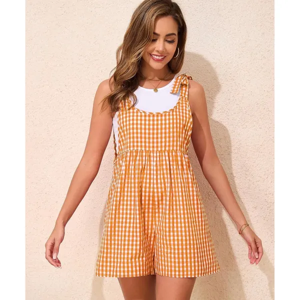 NWOT Women's Orange Gingham Tie Strap Romper Cotton Y2K Overalls Shorts Small - Image 4