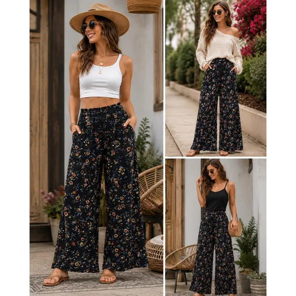 Lived To Be Spoiled Pants Womens M Black Floral Wide Leg Smocked Tassel Boho - Image 2