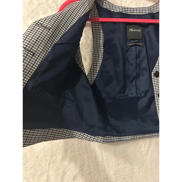 Madewell Italian Fabric Plaid Button Front Vest Navy Black‎ White Size 8 - Image 6