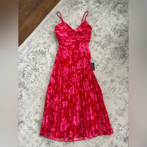 Lulus Vibrant Moment Red and Pink Floral Pleated Lace-Up Midi Dress Size XS NWT - Image 4