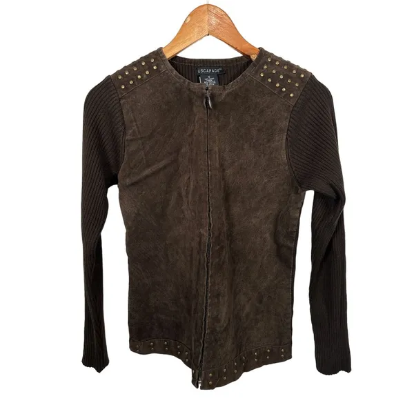 Vintage Y2K Escapade Sweater Full Zip Suede Brown Long Sleeve Womens‎ Small - Image 4