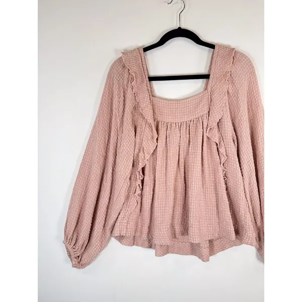 Free People Womens Top Pink Bonnie Ruffle Plaid Babydoll Blouse Stretch Boho XS - Image 6