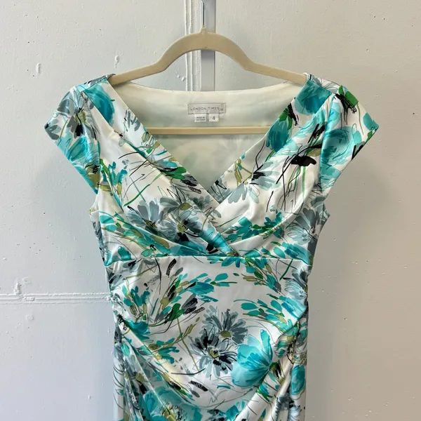 London Times Teal Green‎ Floral Ruched Sheath Satin Midi Dress Size 4 Cap Sleeve - Image 3